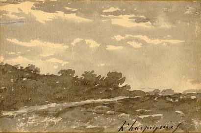 HENRI HARPIGNIES (1819-1916) Paysage. Lavis d'encre signé en bas à droite. Petite...