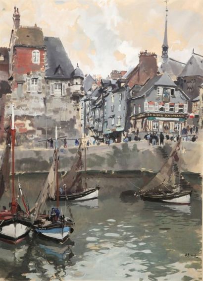 A. BRENET (1903-2005) Vue du port d'Honfleur. Aquarelle et gouache sur papier. Signée...