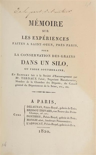 null TERNAUX (Louis-Guillaume). Mémoire sur les expériences faites à Saint-Ouen,...