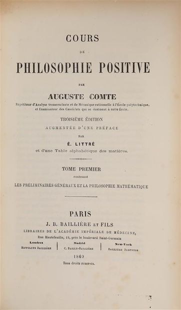 null COMTE (Auguste). Cours de philosophie positive. Troisième édition augmentée...