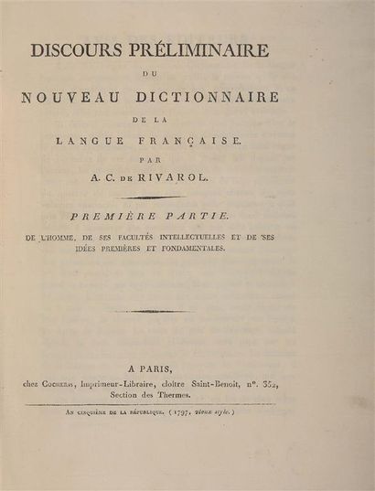null RIVAROL (Antoine de). Discours préliminaire du nouveau dictionnaire de la langue...