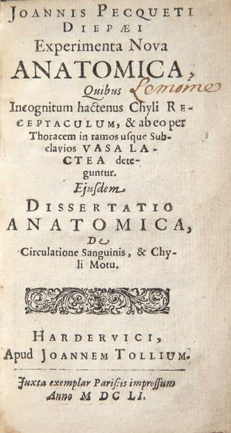 null PECQUET (Jean). Experimenta nova anatomica, quibus incognitum hactenus chyli...