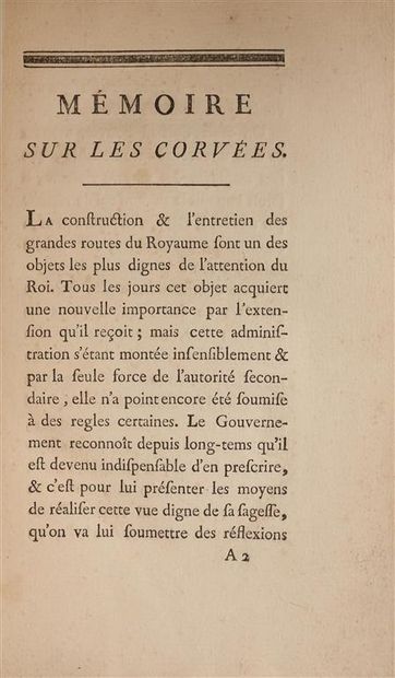null [PERCHERON DE LA GALAISIERE (J.)]. Mémoire sur les corvées. S.l., 1785. In-8,...