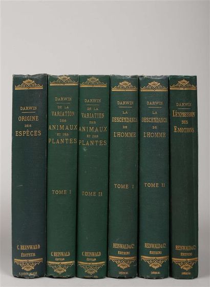 null DARWIN (Charles). Lot de 4 ouvrages de Darwin traduits en français, en reliure...
