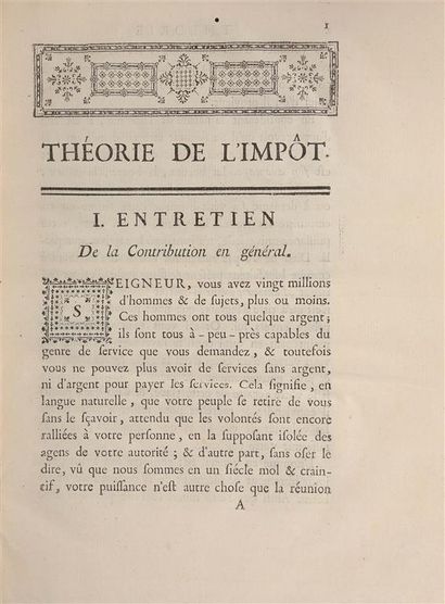 null [MIRABEAU (Victor Riqueti de)]. Théorie de l'impôt. S.l., s.n., 1760. In-4,...