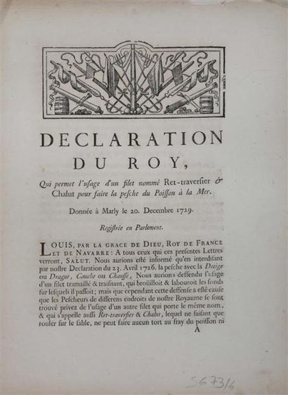 null [Poisson] [Pêche]. ENSEMBLE DE 6 DOCUMENTS.
- Arrest pêcheurs de costes de Roussillon,...