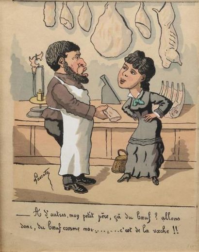 null [Caricatures]. LE BOUCHER. LE TRAITEUR.
LAVRATE Edmond (1829-1888).
2 dessins...