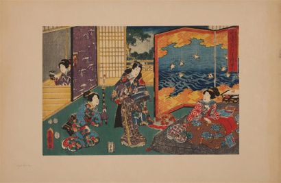 null Utagawa TOYOKUNI III (1786-1865).
Trois oban yoko-e représentant des scènes...