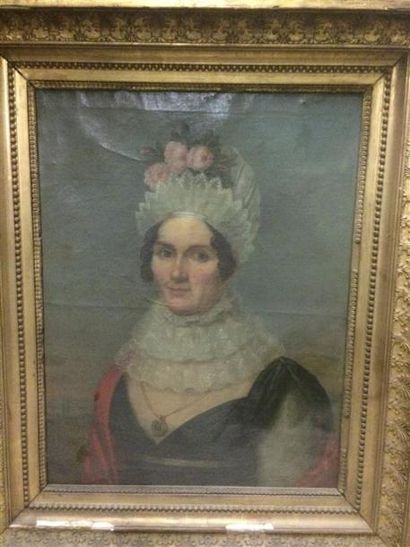 null ECOLE du XIXe siècle.
Portrait de femme coiffée d'un bonnet.
Huile sur toile....