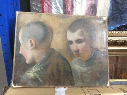 null Ecole du XIXème siècle.
Buste de deux jeunes hommes.
Huile sur papier contrecollé...