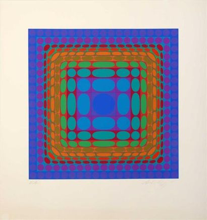 null Victor VASARELY (1906-1997).
[Carrés cinétiques multicolores et sphères dorées].
2...