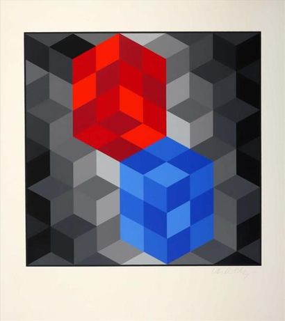 null Victor VASARELY (1906-1997).
[Cubes en orange et bleu].
Sérigraphie sur papier...