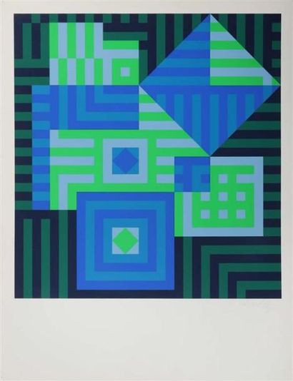 null Victor VASARELY (1906-1997).
[Composition cinétique en vert, bleu et gris].
Sérigraphie,...