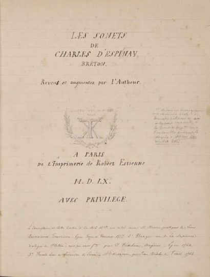 null [Bretagne] [Manuscrit]. ESPINAY (Charles d'). Les Sonnets de Charles d'Espinay,...