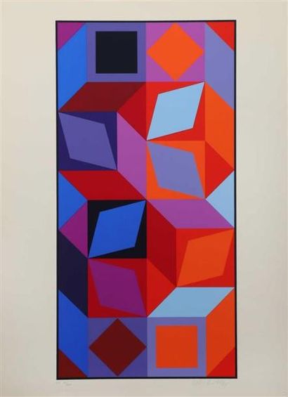 null Victor VASARELY (1906-1997).
[Cubes et losanges, orange, rouge bleu].
Sérigraphie...