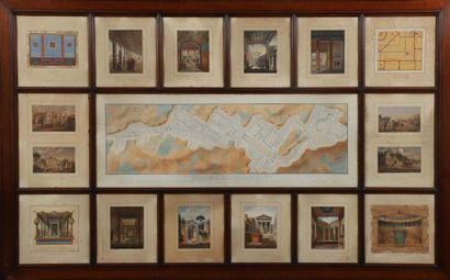 null [Italie]. Pompei. Plan manuscrit aquarellé et légendé, env. 27,5 x 93 cm ; entouré...