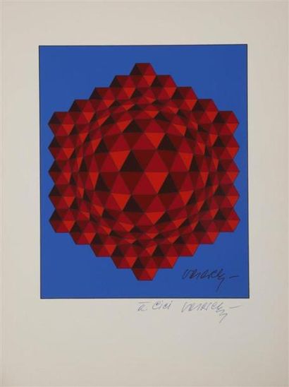 null Victor VASARELY (1906-1997).
[Sphère rouge fond bleu]. 
Sérigraphie en couleurs,...