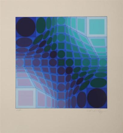 null Victor VASARELY (1906-1997).
[Compositions cinétiques en bleu, vert et rouge].
2...
