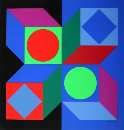 null Victor VASARELY (1906-1997).
[Cercles et carrés en rouge bleu rose]. 
2 affiches...