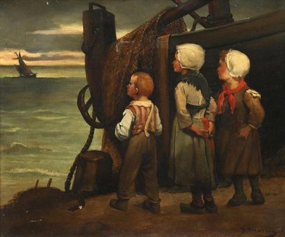null Benedict MASSON (1819-1893).
Les trois enfants.
Huile sur toile, signée en bas...