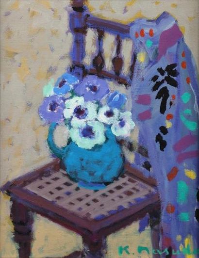 null Kimiyo MASUDA (né en 1943).
Bouquet de fleurs. 
Huile sur toile, signée en bas...