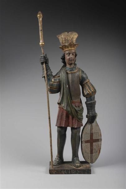 null Sculpture en bois polychrome représentant un soldat en armure, appuyé sur un...