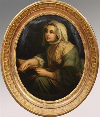 null Dans le goût de Jean-Baptiste GREUZE (1725-1805). 
Jeune femme au livre ouvert.
Huile...