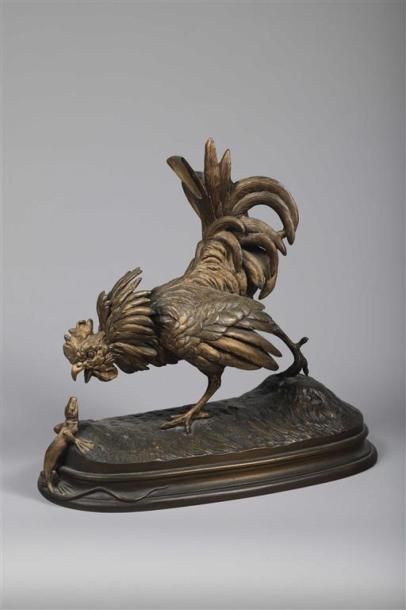 null Ferdinand PAUTROT (1832-1874).
Coq et lézard.
Épreuve en bronze à patine brune...