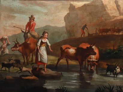 null Suiveur de Nicolas BERCHEM (1620-1683).
Labourage et jeunes paysannes à la rivière....