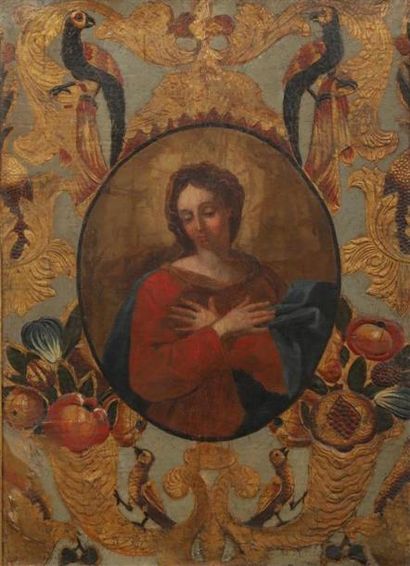 null École ITALIENNE du XVIIème siècle.
Vierge dans un médaillon sur fond décoré.
Cuir...