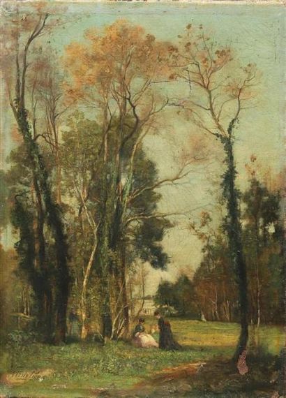 null Jacques Alfred BRIELMAN (1836-1892).
La famille au parc devant le château. 
Huile...