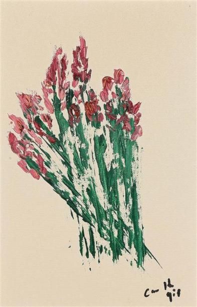 null Gil CAMATTE (né en 1953).
Bouquet de fleurs sur fond ivoire.
Acrylique sur toile...