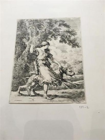 null Stefano DELLA BELLA (1610-1664).
Chasseur et son chien.
Gravure en noir et blanc...