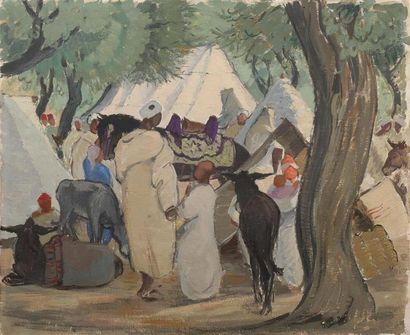 null Suzanne DROUET-REVEILLAUD (1885-1970).
Le campement marocain. 
Huile sur toile...