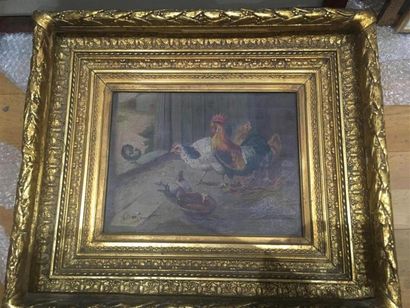 null Dans le goût de Charles MERTENS (1865-1919).
Coq, poule et pigeons.
Huile sur...