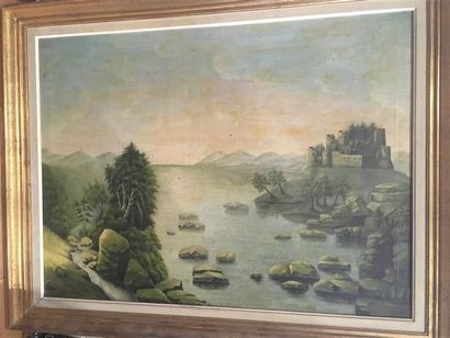 null A. JACOBS.
Château au bord d'un lac.
Huile sur toile signée en bas à droite.
D....