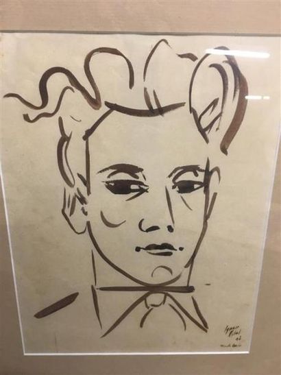 null Ignace VIDAL (1904-1988).
Portrait de Jean Marais.
Lavis brun, signé en bas...