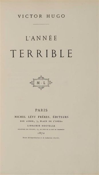 null HUGO (Victor). L'année terrible. Paris, Michel Lévy frères, 1872. In-8, maroquin...