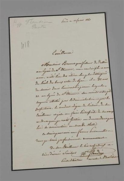 null FLANDRIN (Hippolyte, 1809-1864, peintre français). Lettre autographe signée...