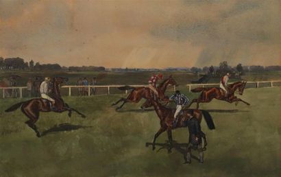 null Ecole ANGLAISE du XIXème siècle.
L'échauffement des jockeys.
Aquarelle et rehauts...