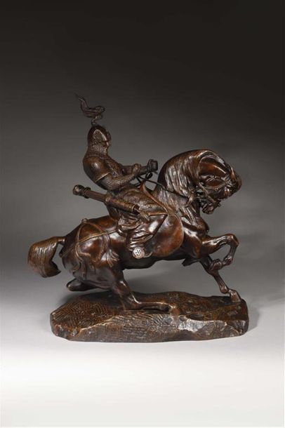 null Antoine-Louis BARYE (1796-1875).
Guerrier tartare arrêtant son cheval.
Bronze...