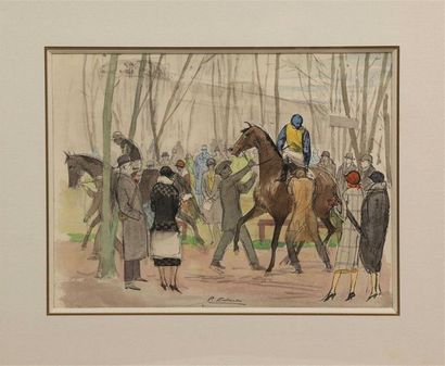 null Pierre-Olivier DUBAUT (1886-1968).
Présentation des chevaux.
Aquarelle portant...