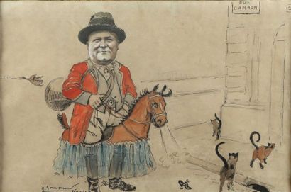 null Arthur GOUVERNEUR (1852- ?).
Caricature de cavalier à la trompe rue Cambon,...