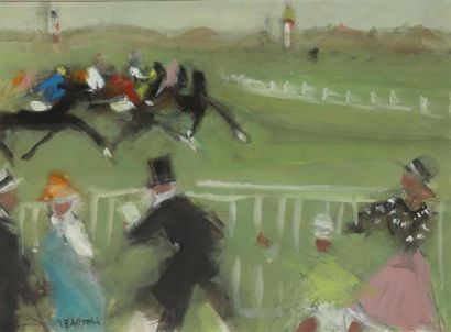 null Jacques BARTOLI (1920-1995).
Course de chevaux.
Aquarelle et gouache signée...