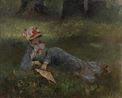  Octave SAUNIER (1843-1887). Jeune femme à l'éventail étendue dans un pré. Toile...