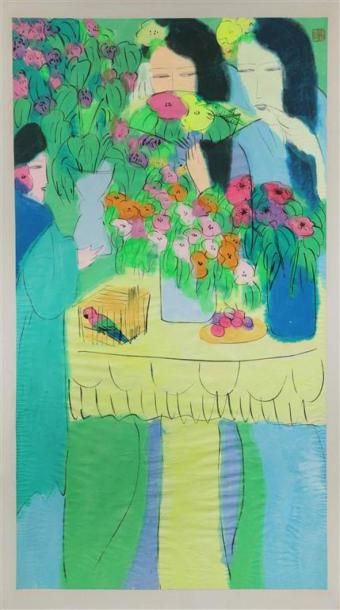  Walasse TING (1929-2010). Trois femmes aux bouquets de fleurs et perroquet dans...