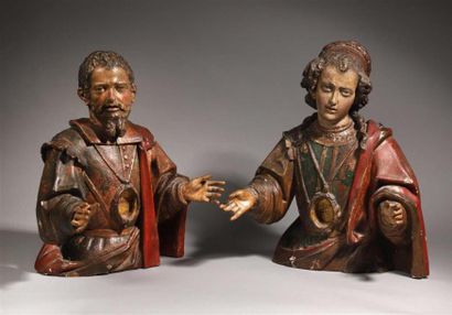 /// NON VENU /// Deux bustes reliquaire formant pendant en bois sculpté et anciennement...