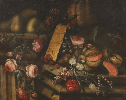 null École ITALIENNE du XVIIIe siècle.
Nature morte aux fruits et fleurs.
Huile sur...