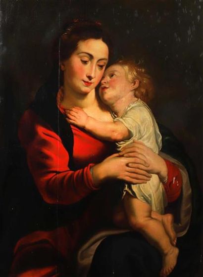 null École ANVERSOISE du XVIIe siècle, suiveur de Pierre Paul RUBENS.
Vierge à l'Enfant.
Panneau...