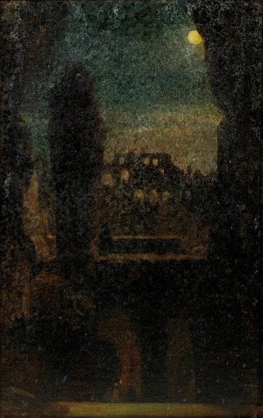 École FRANCAISE 1840 Vue du Colisée au crépuscule. Papier marouflé sur toile. 37,5...